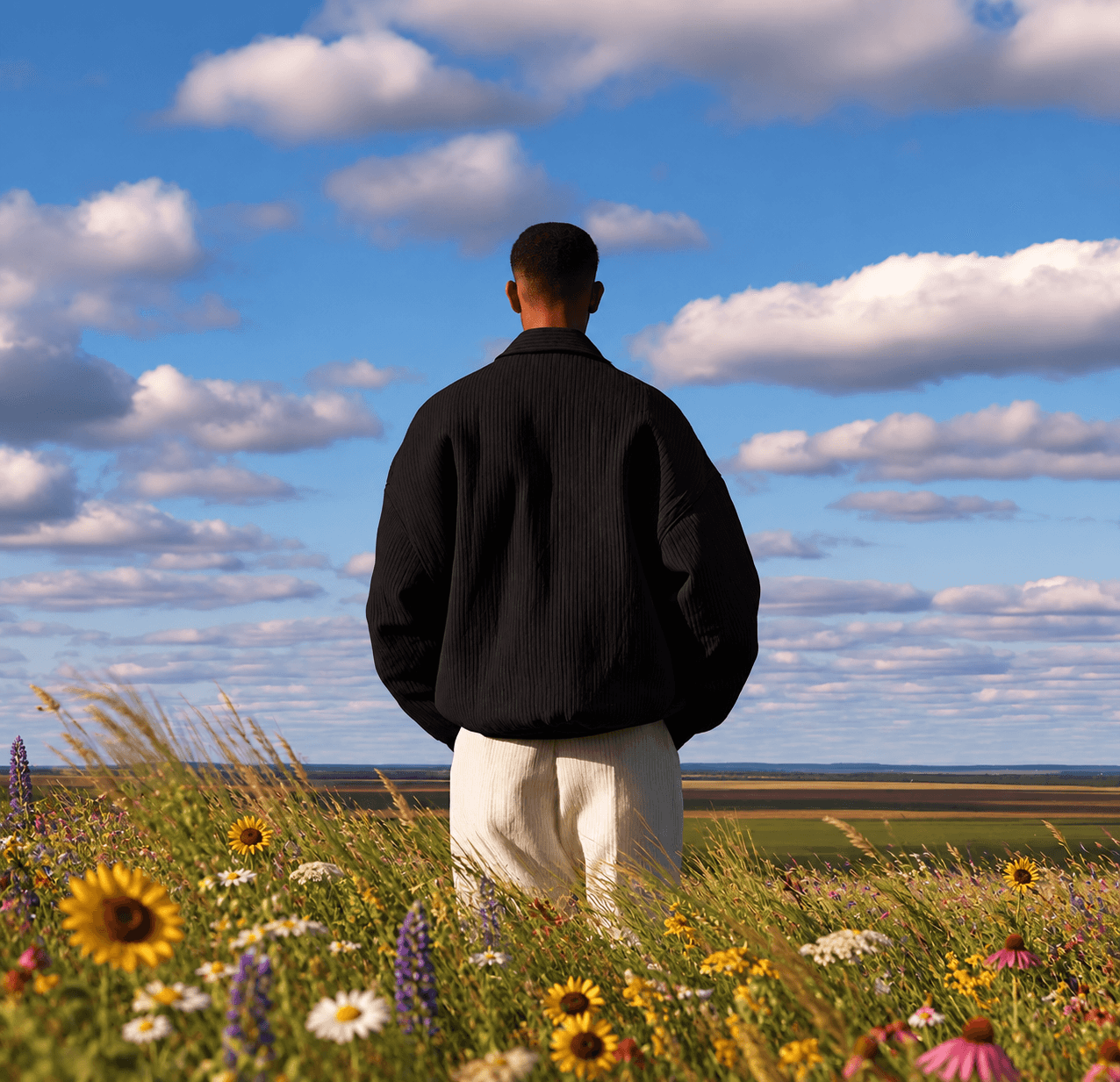 A figure standing in a field beneath an open sky